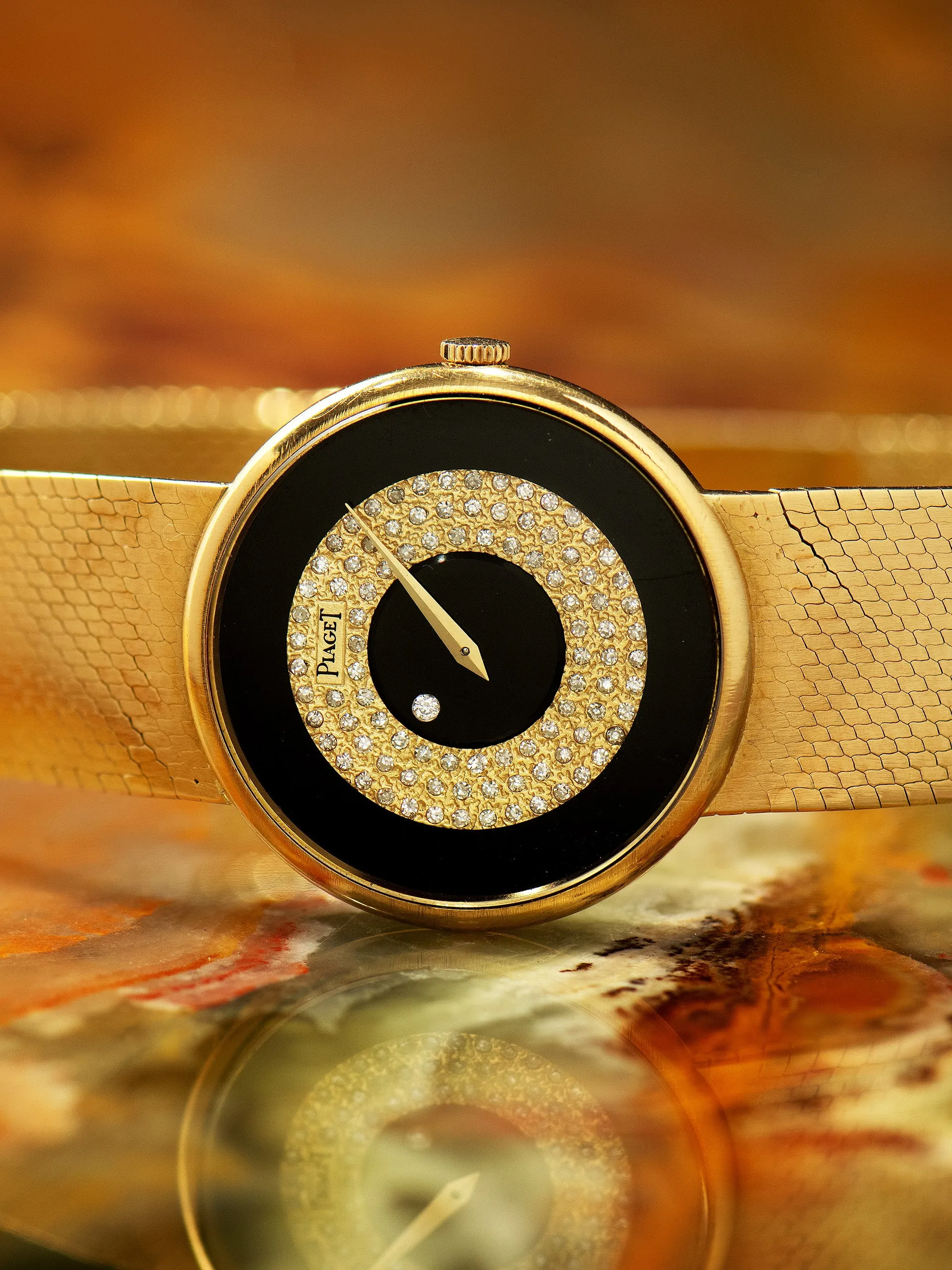 1970s Piaget Cocktail Watch 18K YG (Ref. 9025 B2) Onyx Stone & Pave Diamond "Mystery" Dial