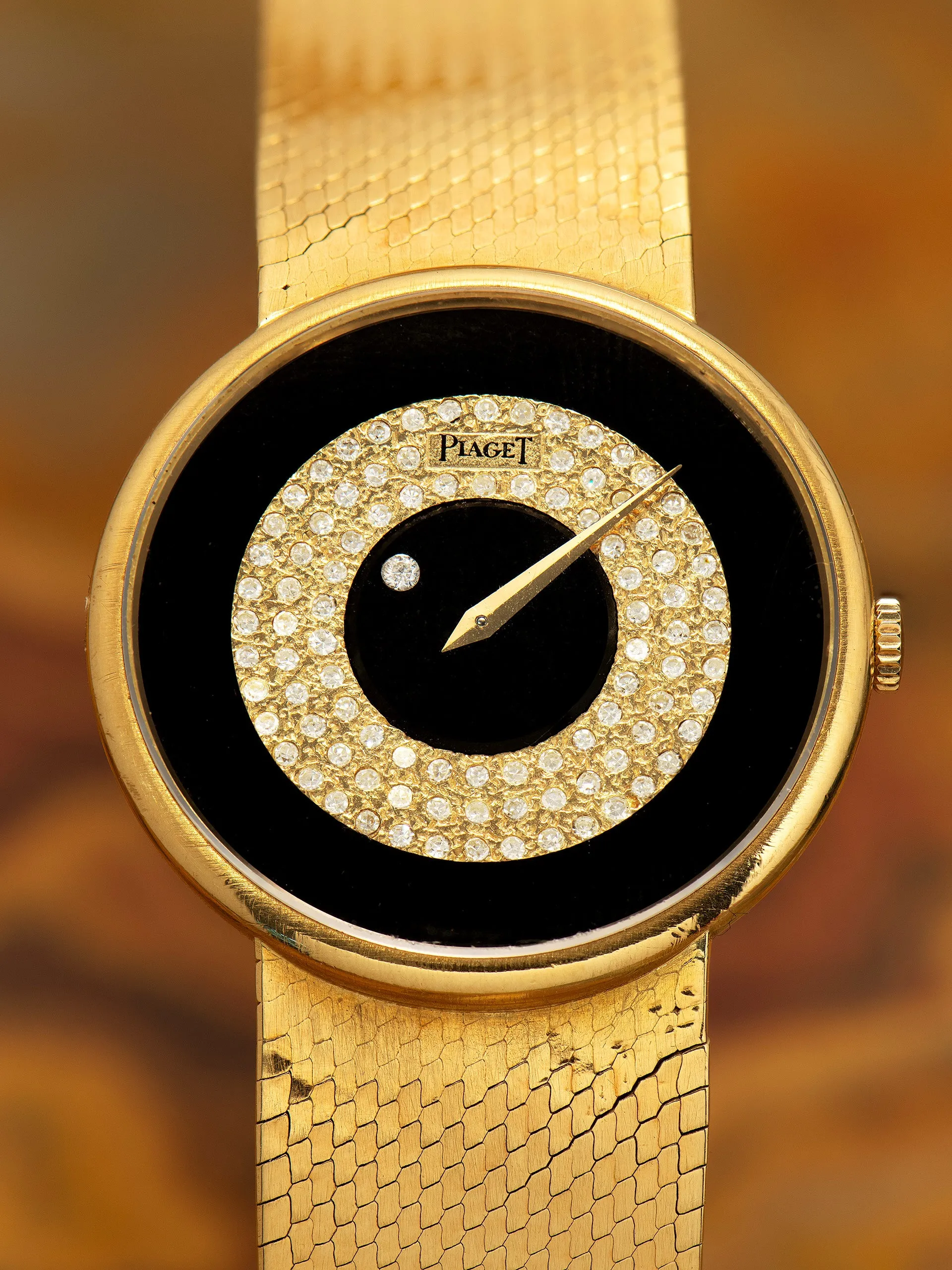 1970s Piaget Cocktail Watch 18K YG (Ref. 9025 B2) Onyx Stone & Pave Diamond "Mystery" Dial