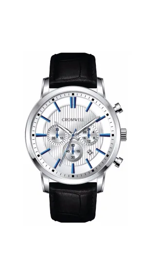 44mm "Belmont" - Silver Case Chronograph with White Face, Blue Digits