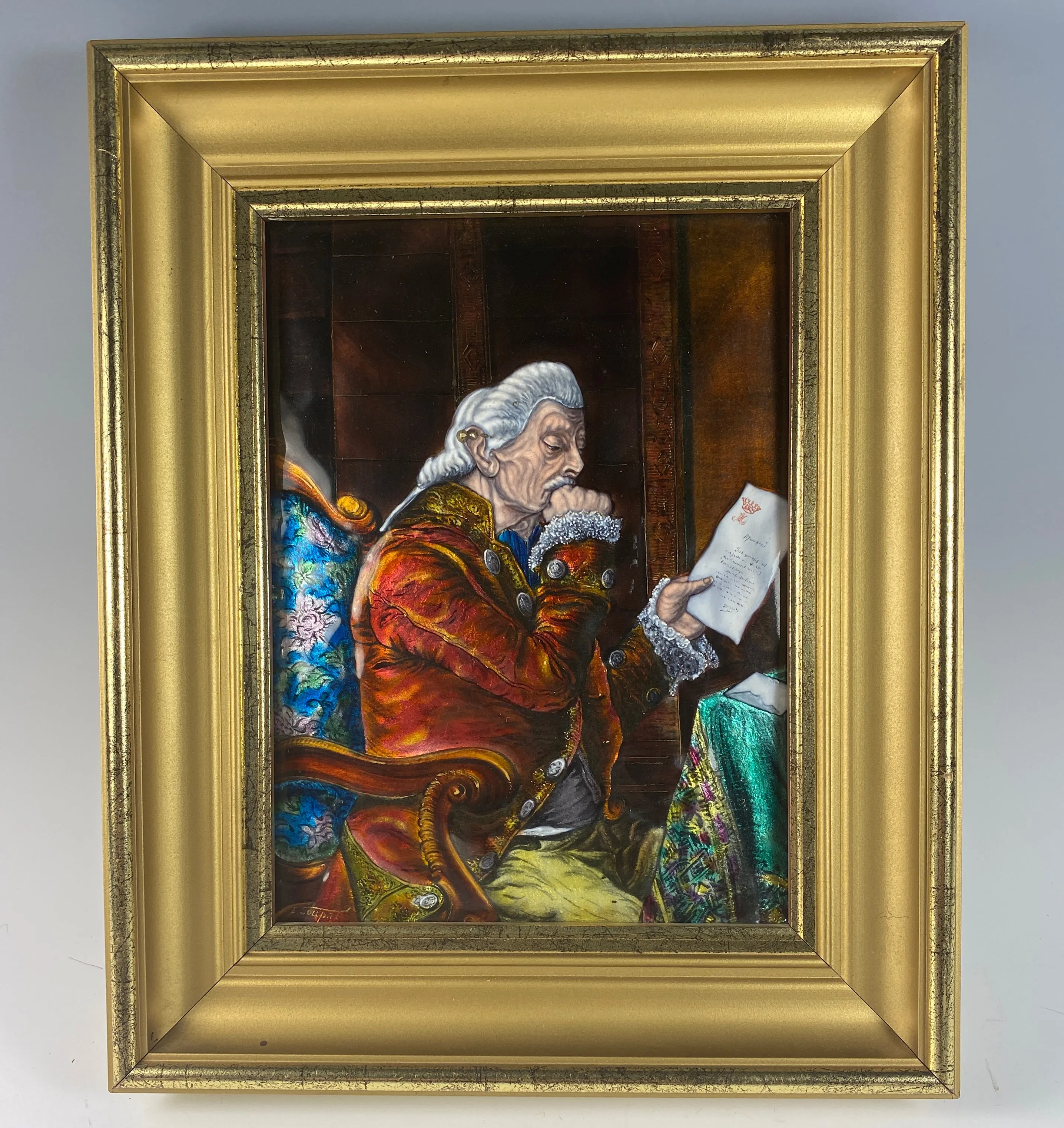 Antique French Limoges Kiln-fired Plaque in Frame, Portrait of a Mid-1700s Royal, Crown, in Frame