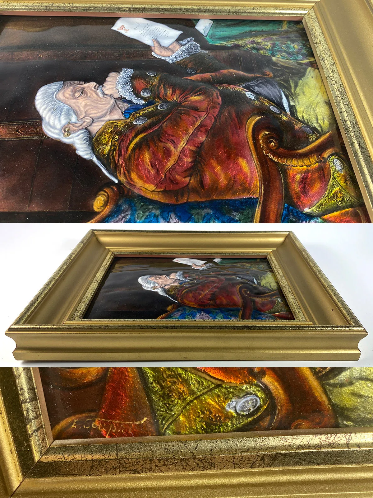 Antique French Limoges Kiln-fired Plaque in Frame, Portrait of a Mid-1700s Royal, Crown, in Frame