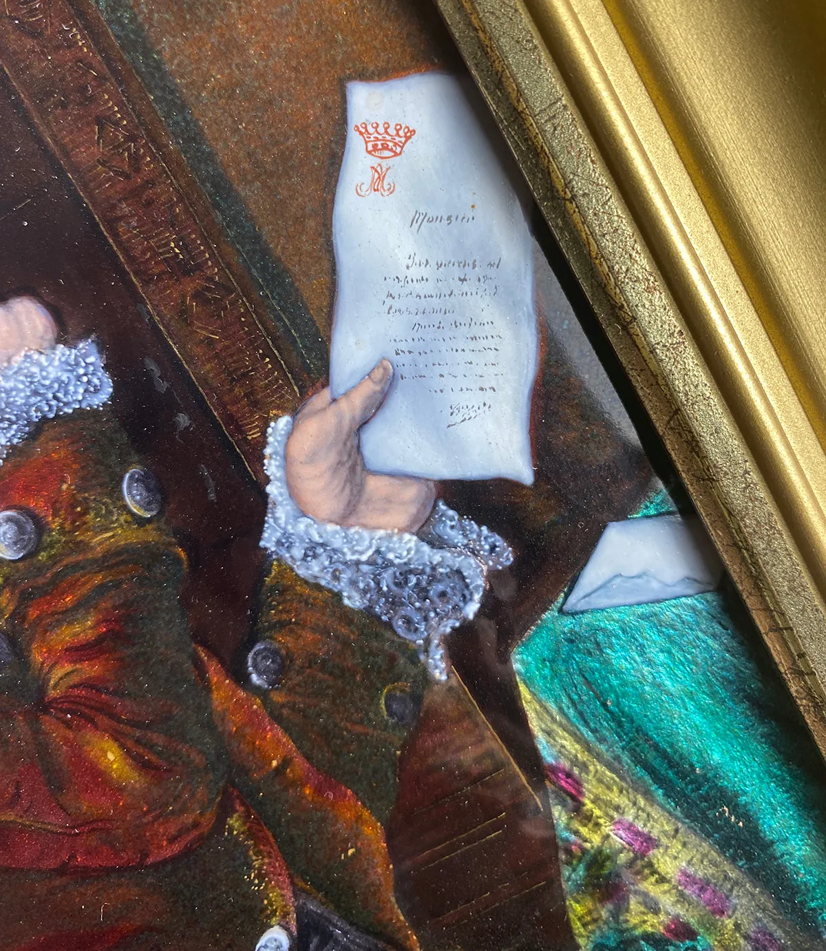 Antique French Limoges Kiln-fired Plaque in Frame, Portrait of a Mid-1700s Royal, Crown, in Frame