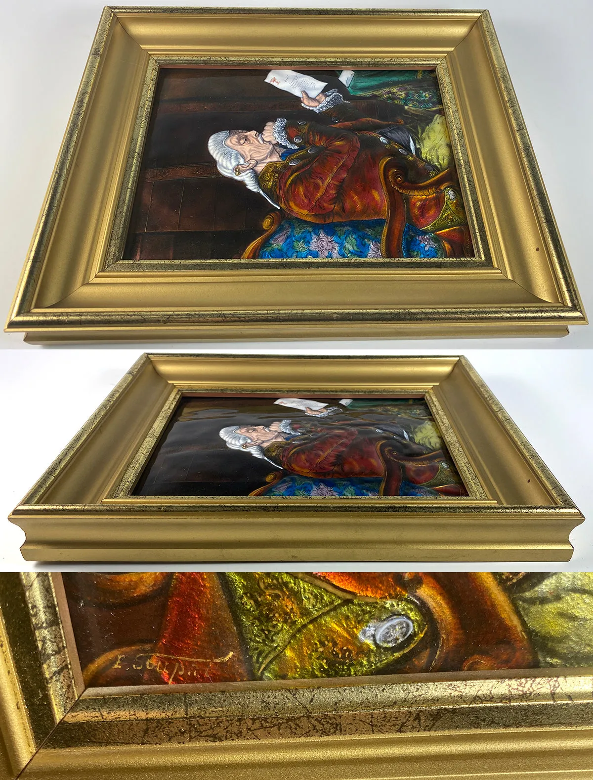Antique French Limoges Kiln-fired Plaque in Frame, Portrait of a Mid-1700s Royal, Crown, in Frame
