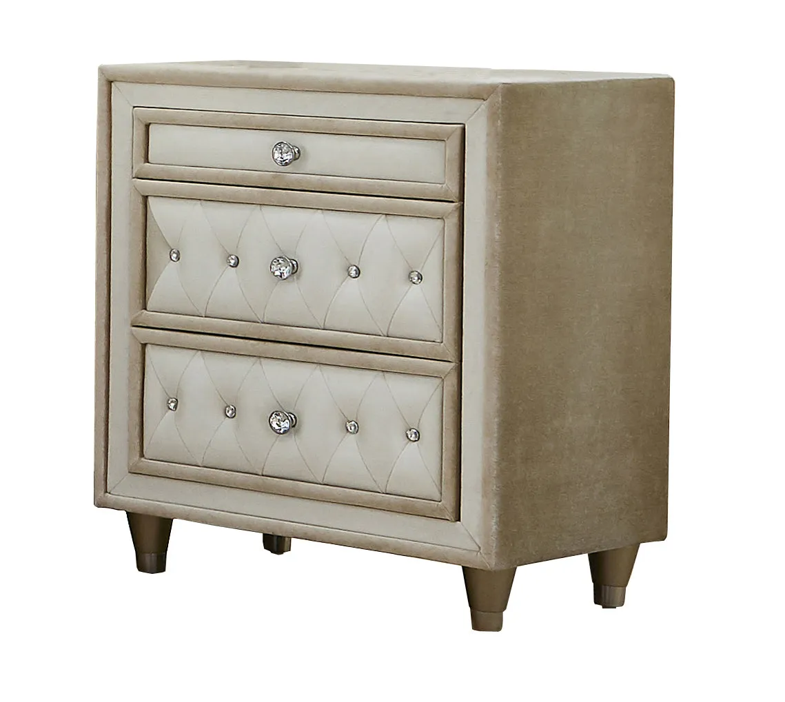 Antonella Upholstered 3-drawer Nightstand Ivory and Camel