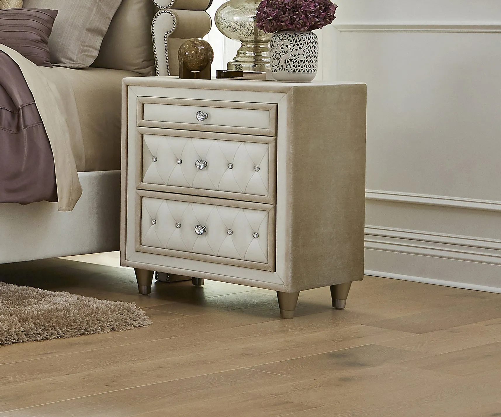 Antonella Upholstered 3-drawer Nightstand Ivory and Camel
