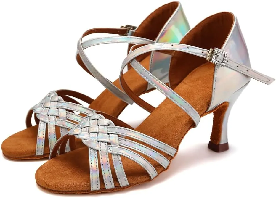 AOQUNFS Women Latin Dance Shoes Satin Ballroom Salsa Practice Performance Dance Shoes,LB-7.5cm