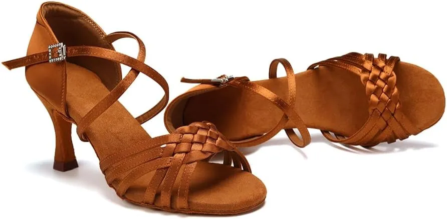 AOQUNFS Women Latin Dance Shoes Satin Ballroom Salsa Practice Performance Dance Shoes,LB-7.5cm