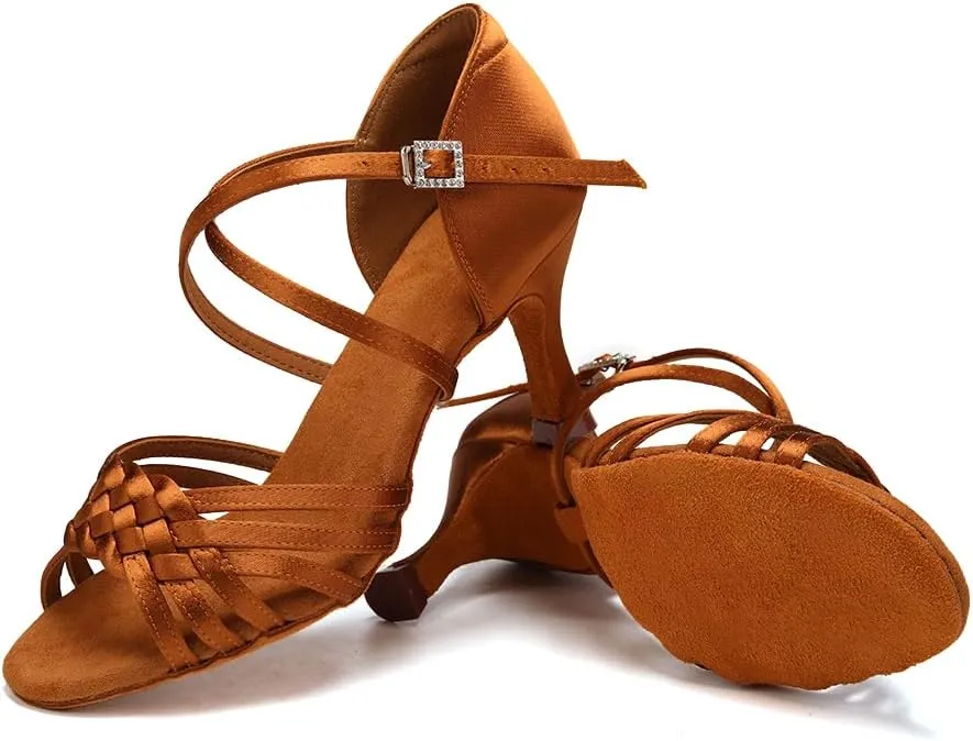 AOQUNFS Women Latin Dance Shoes Satin Ballroom Salsa Practice Performance Dance Shoes,LB-7.5cm