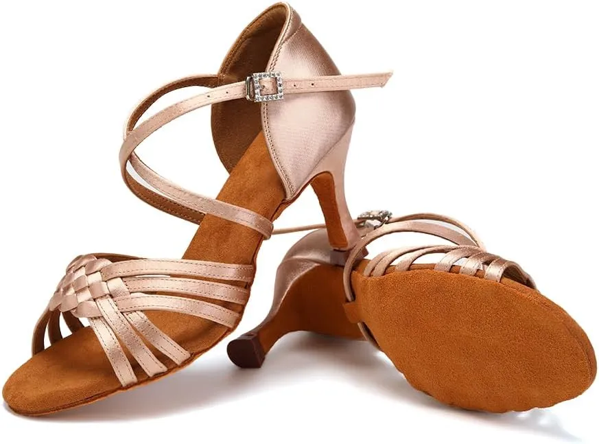 AOQUNFS Women Latin Dance Shoes Satin Ballroom Salsa Practice Performance Dance Shoes,LB-7.5cm