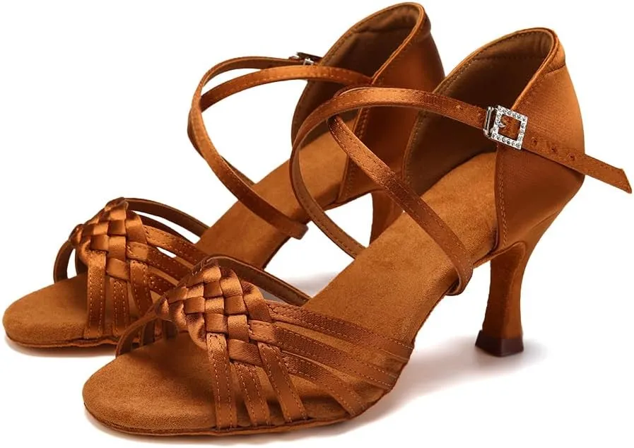 AOQUNFS Women Latin Dance Shoes Satin Ballroom Salsa Practice Performance Dance Shoes,LB-7.5cm