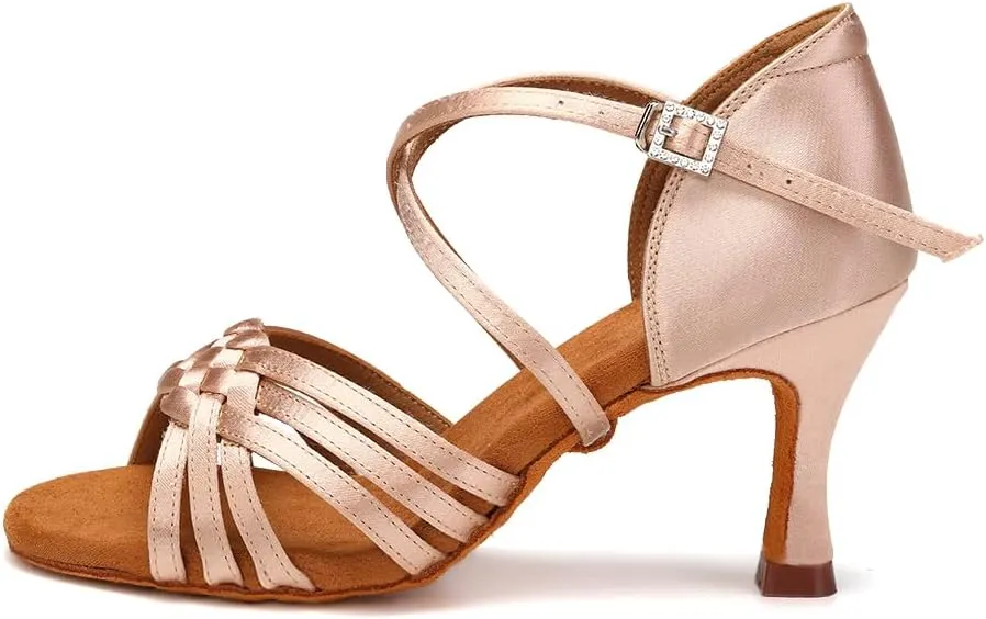 AOQUNFS Women Latin Dance Shoes Satin Ballroom Salsa Practice Performance Dance Shoes,LB-7.5cm