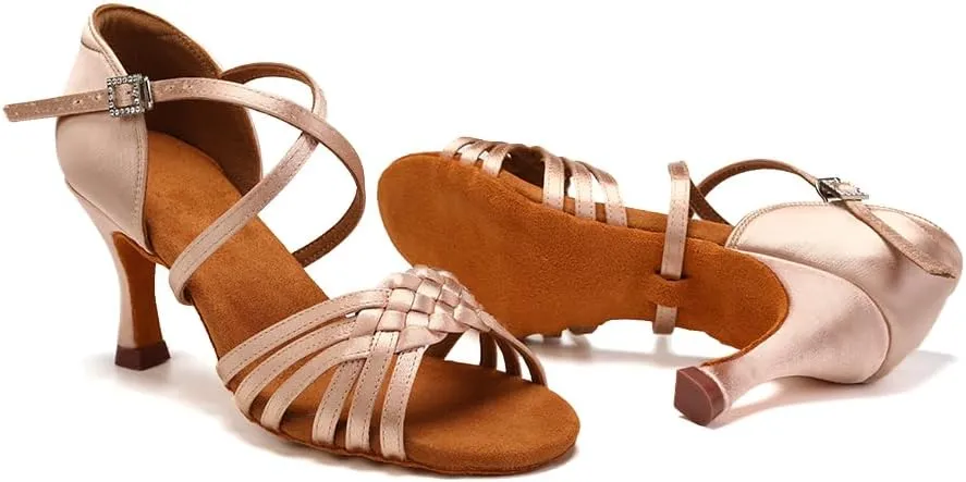 AOQUNFS Women Latin Dance Shoes Satin Ballroom Salsa Practice Performance Dance Shoes,LB-7.5cm