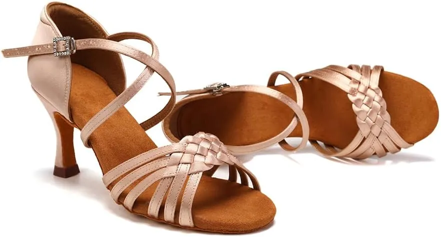 AOQUNFS Women Latin Dance Shoes Satin Ballroom Salsa Practice Performance Dance Shoes,LB-7.5cm