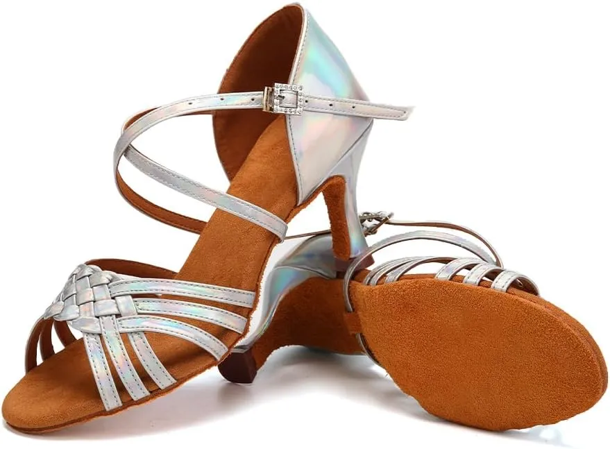 AOQUNFS Women Latin Dance Shoes Satin Ballroom Salsa Practice Performance Dance Shoes,LB-7.5cm