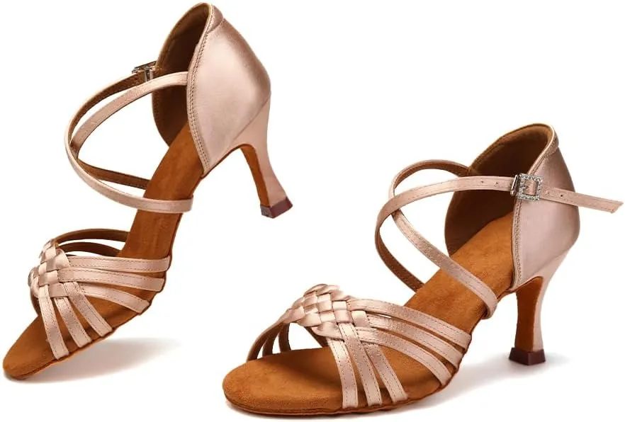 AOQUNFS Women Latin Dance Shoes Satin Ballroom Salsa Practice Performance Dance Shoes,LB-7.5cm