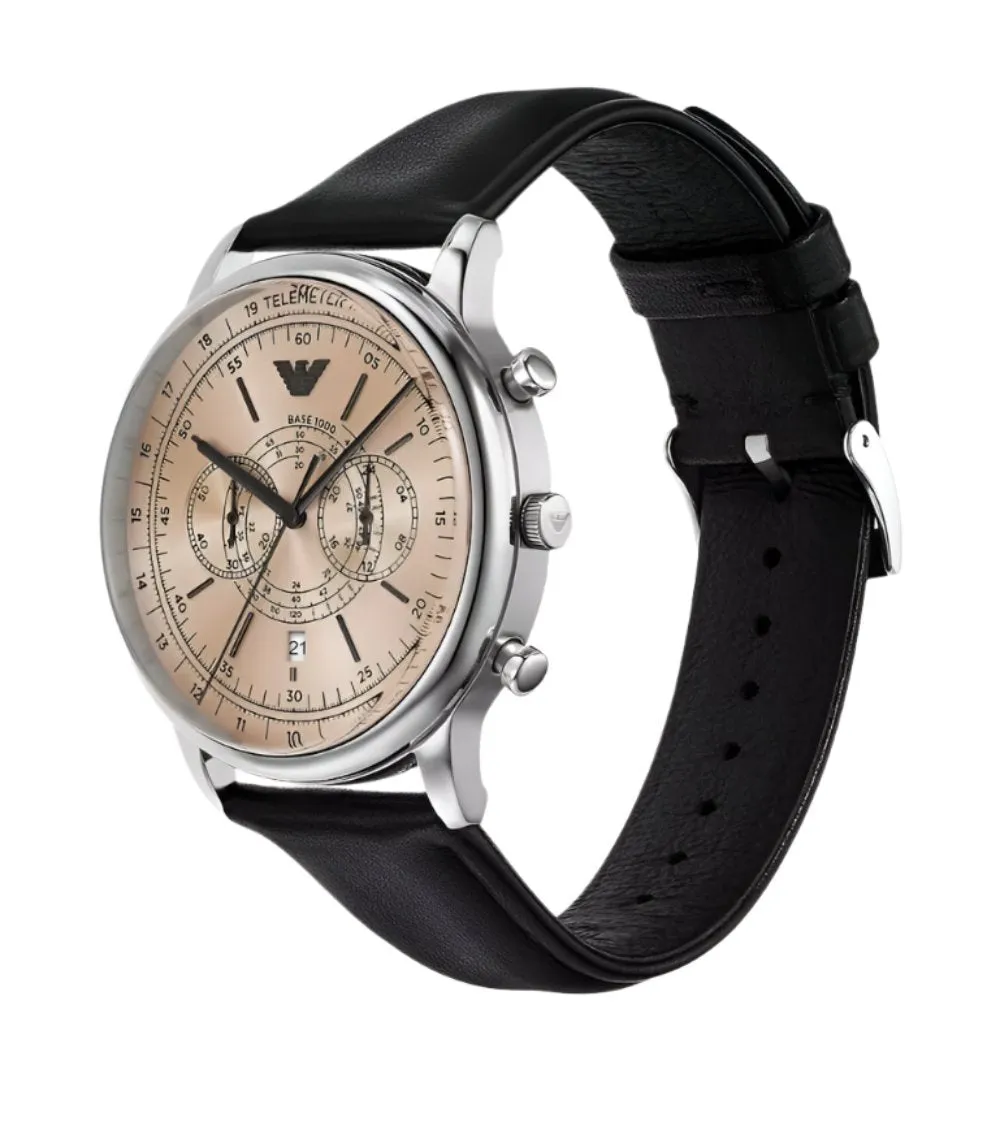 Armani Elegant Chronograph Watch with Black Leather White Dial AR11634