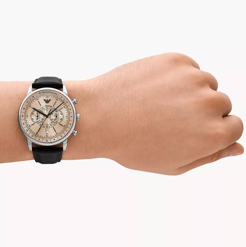 Armani Elegant Chronograph Watch with Black Leather White Dial AR11634