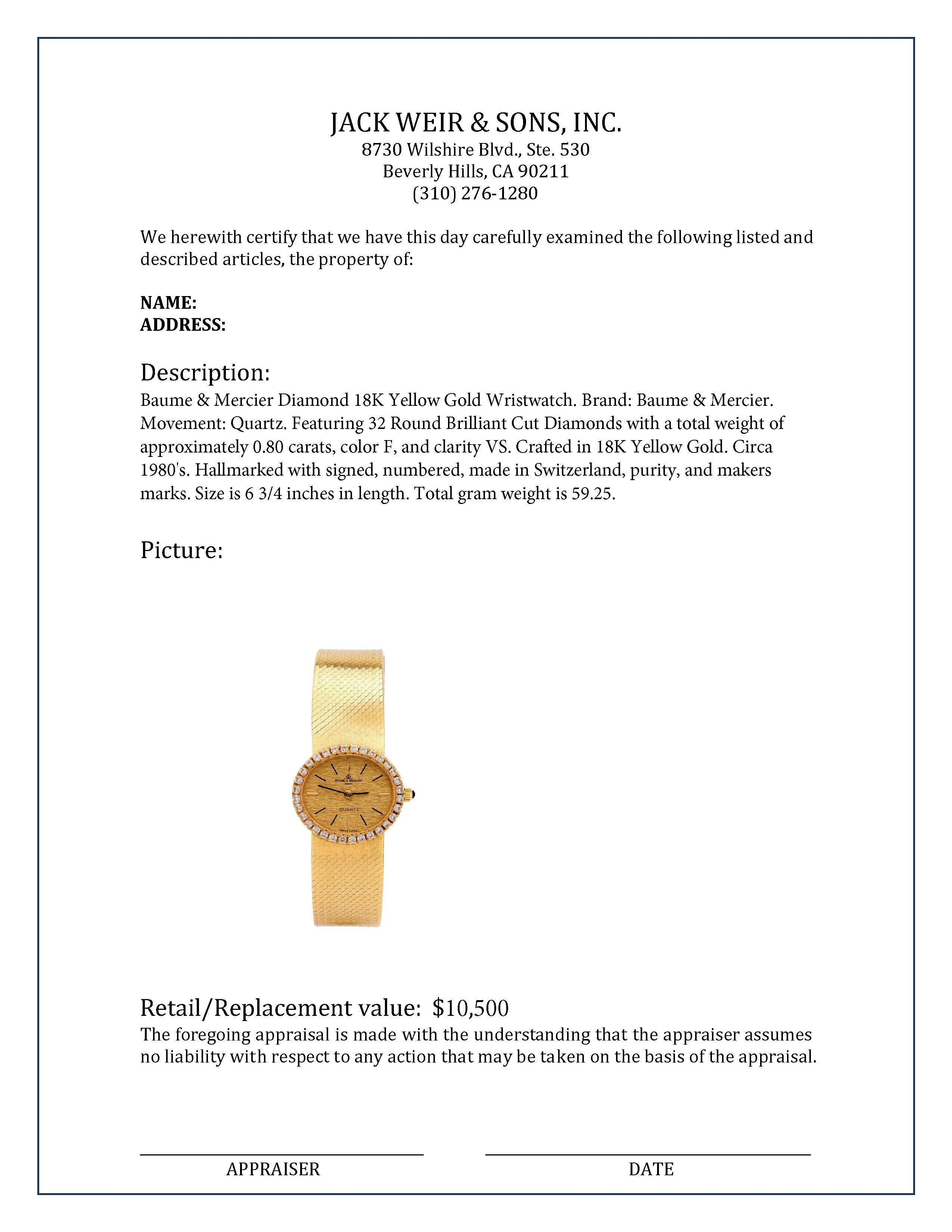 Baume & Mercier Diamond 18K Yellow Gold Wristwatch