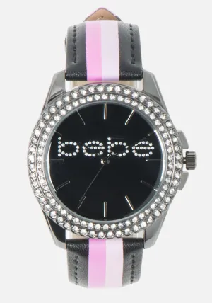 Black Crystal Bebe Logo Stripe Band Watch