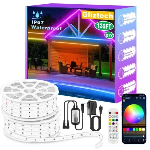 cozy Outdoor Led Strip Lights, IP67 Waterproof LED Light for Outside App Remote Control, RGB Music Sync Exterior Rope Light Strip for Pool, Patio, Deck, Christmas Lighting (66ft, RGB) 132' 132'
