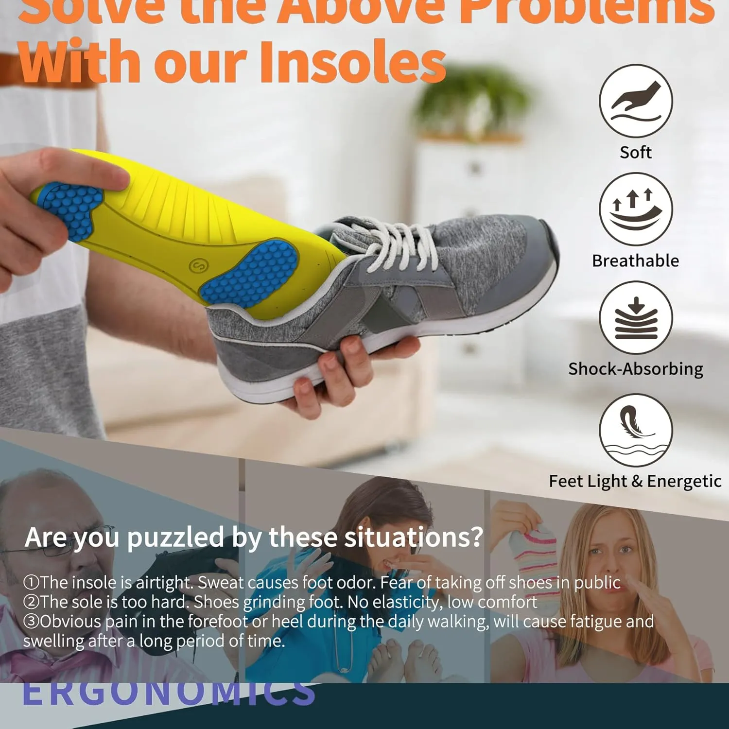 DynWalker Insoles Heel Cushion Pads Gel Men Shoe Inserts Memory Foam Arch Support Shock Absorption PU Nonslip Plantar Fasciitis Heel for Active Sport Shoe Variable Size 1 Pair L Blue