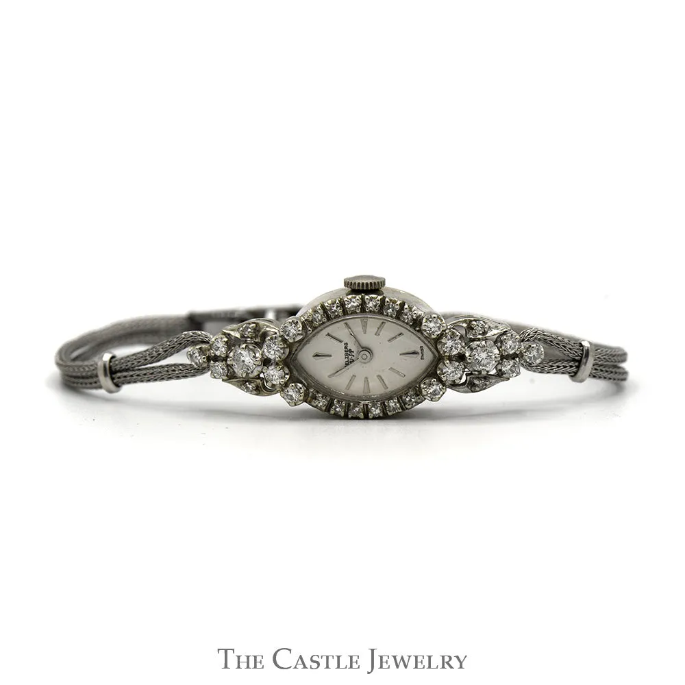 Elzburg Designer Marquise Shaped Watch with Diamond Accents in 14k White Gold