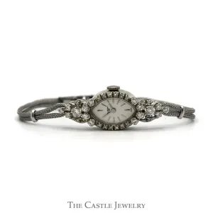 Elzburg Designer Marquise Shaped Watch with Diamond Accents in 14k White Gold