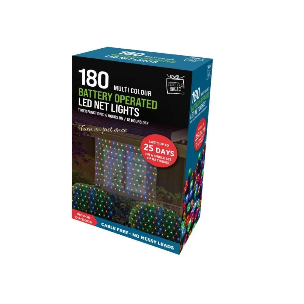 Festive Magic 180 Multicoloured Battery Powered LED Net Christmas Lights | 8 Functions