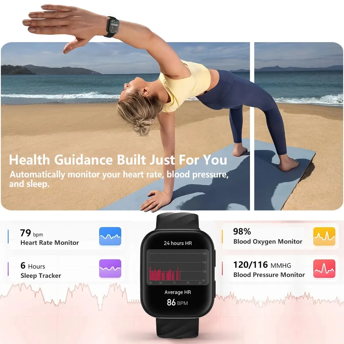 FITVII HM57 Health & Fitness Tracker 2024  (Answer/Make Calls), Smart Watch with HR BP SPO2 Monitor
