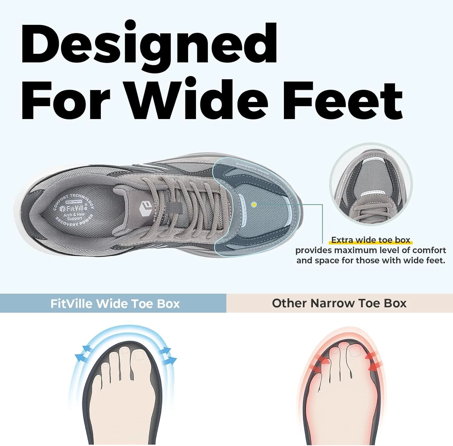 FitVille Men's Extra Wide Walking Shoes Wide Width Air Cushion Cross Training Sneakers for Heel Pain Relief Plantar Fasciitis - HeelAero V2