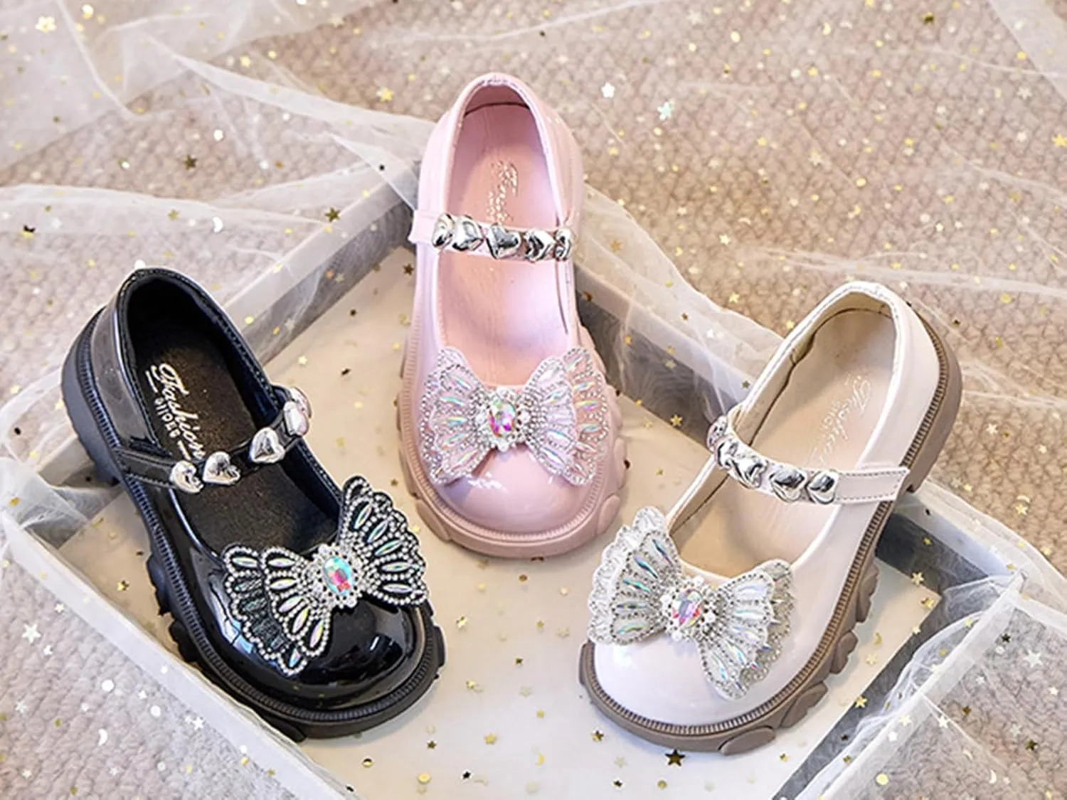 Girls Dress Shoes Party Wedding Mary Jane Shoes with Rhinestones Butterfly Princess Shoes for Toddler Little Big Kids