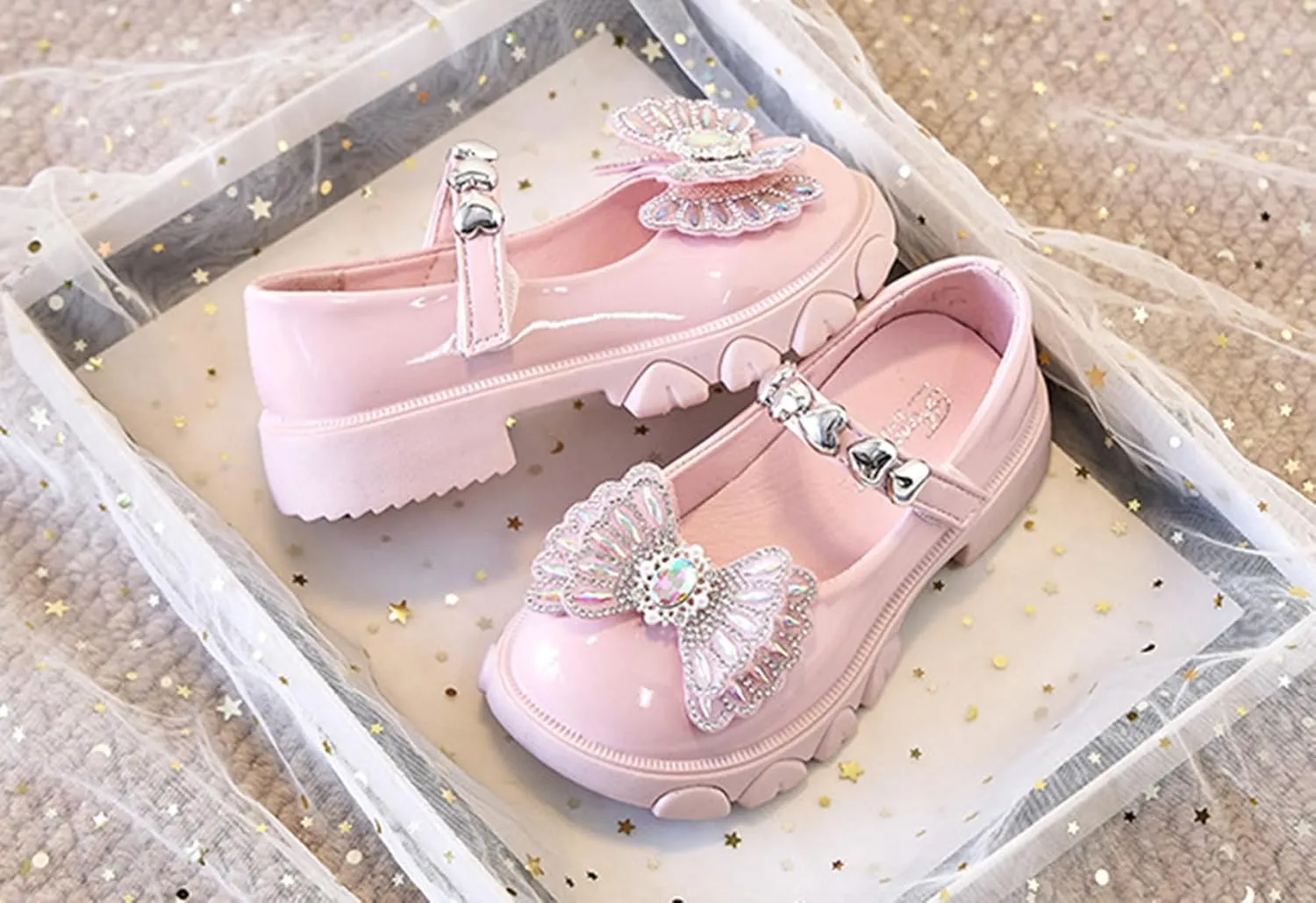 Girls Dress Shoes Party Wedding Mary Jane Shoes with Rhinestones Butterfly Princess Shoes for Toddler Little Big Kids