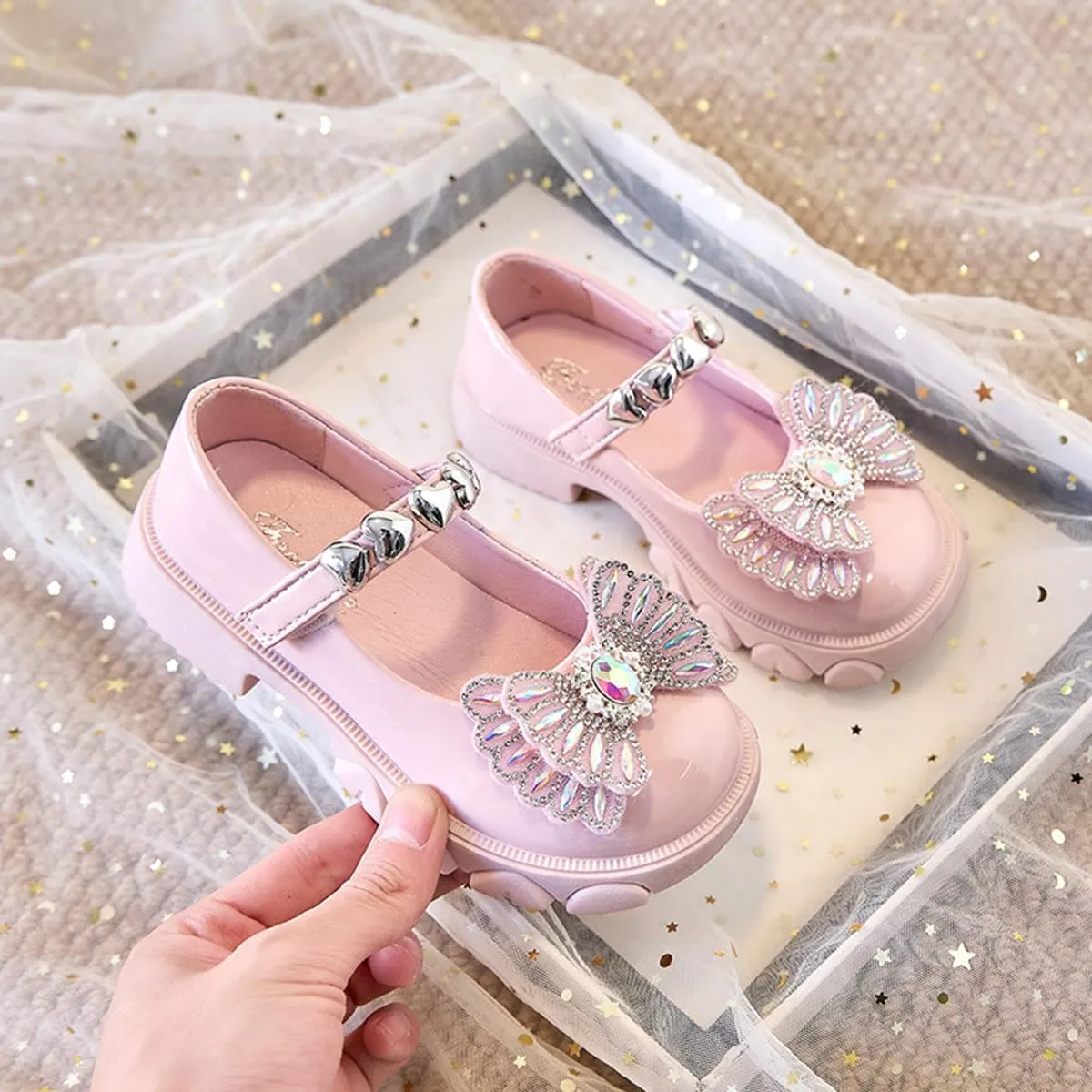 Girls Dress Shoes Party Wedding Mary Jane Shoes with Rhinestones Butterfly Princess Shoes for Toddler Little Big Kids