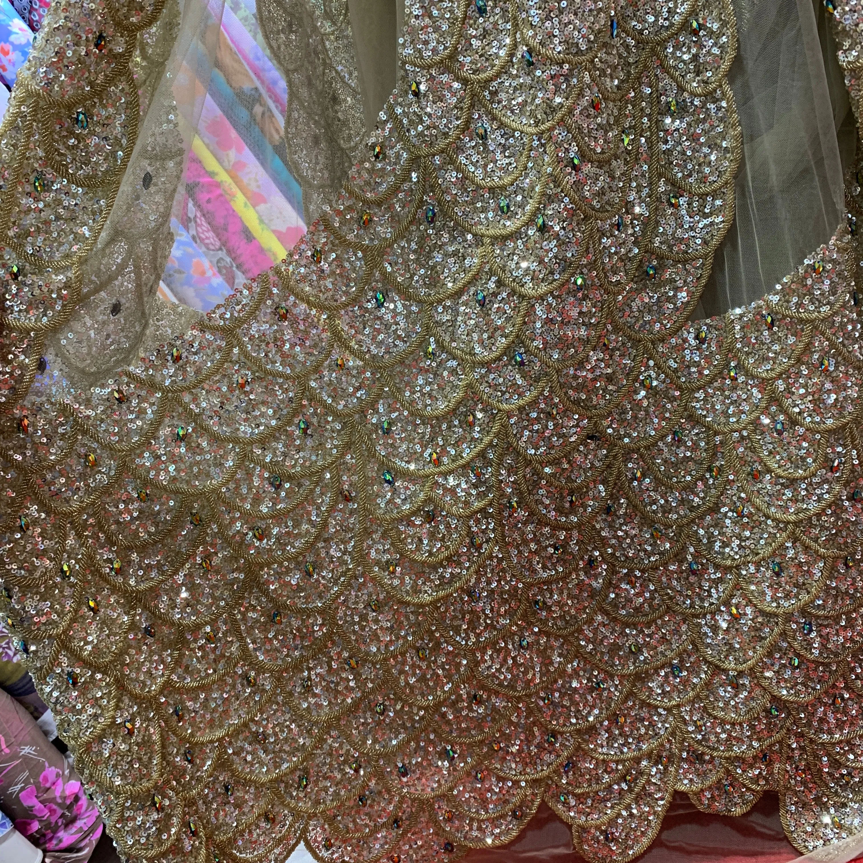 Gold Bronze Sequins and Beads Embroidered Tulle Fabric