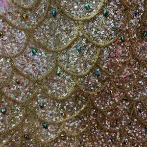 Gold Bronze Sequins and Beads Embroidered Tulle Fabric