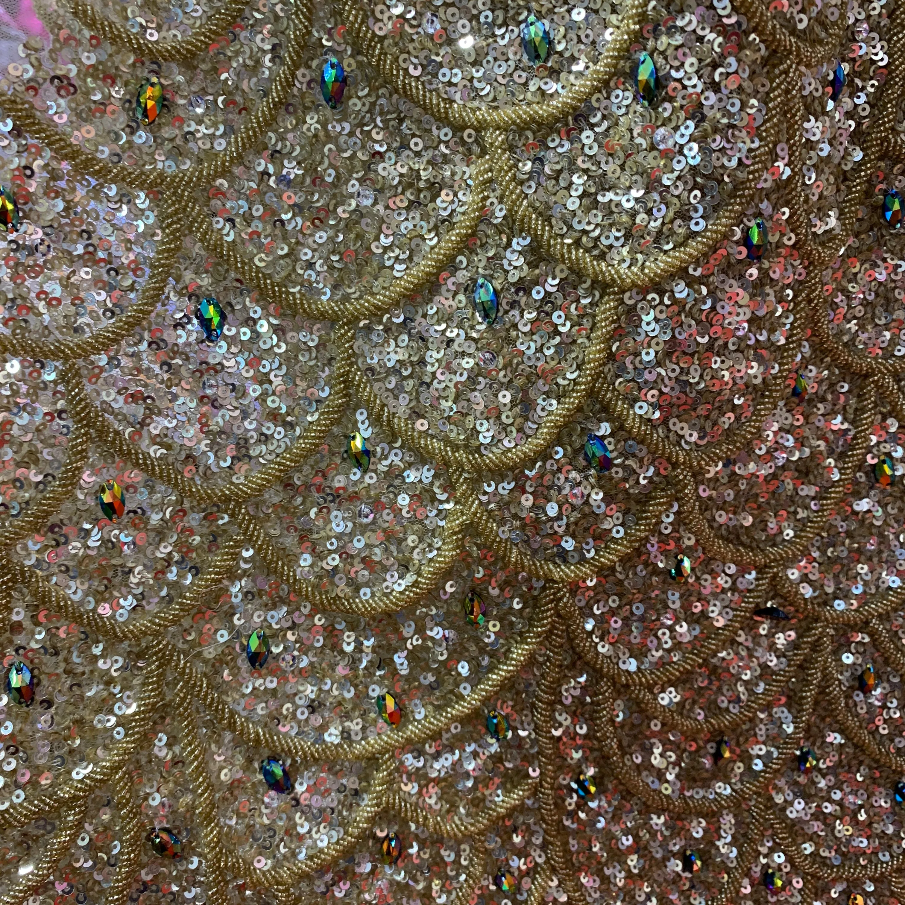 Gold Bronze Sequins and Beads Embroidered Tulle Fabric