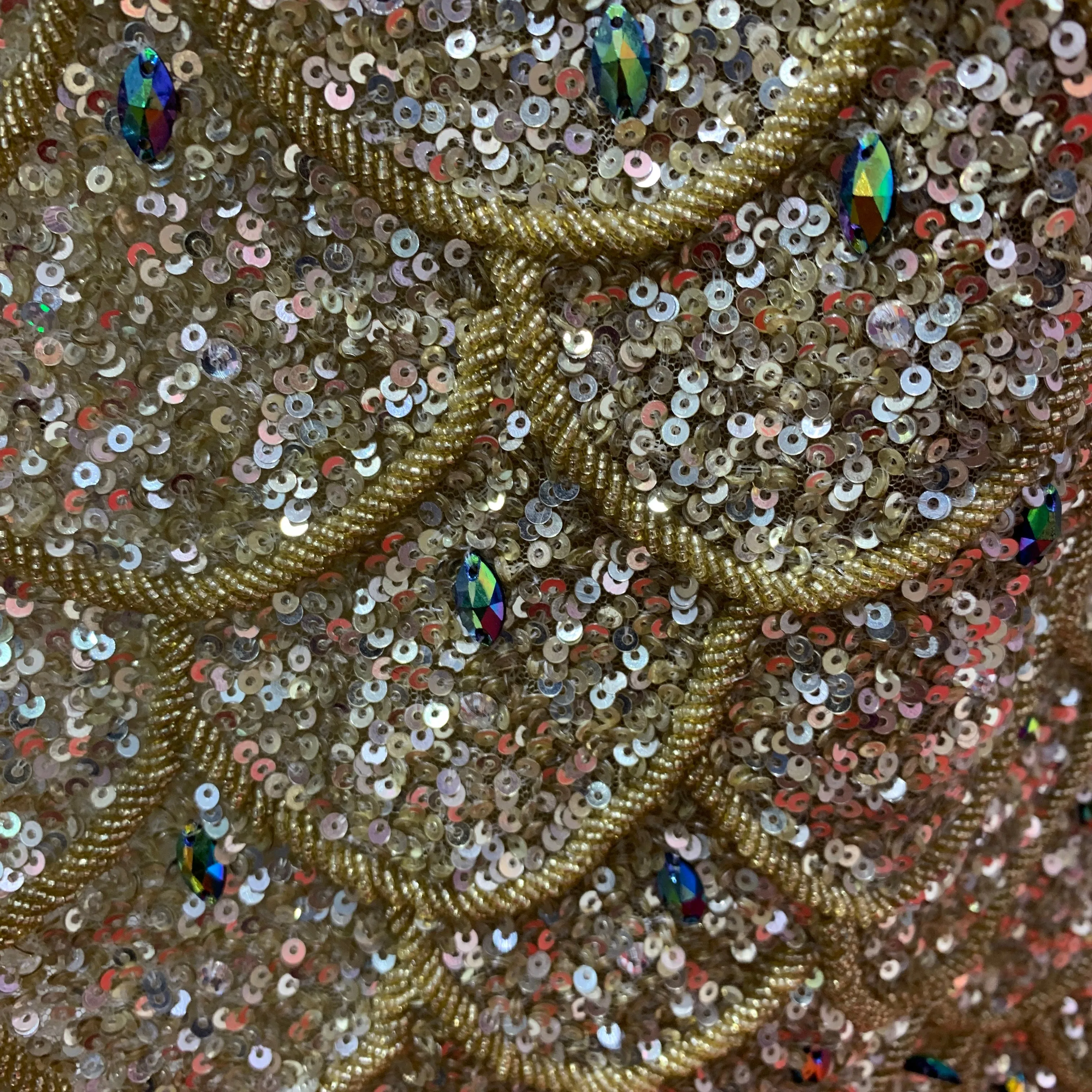 Gold Bronze Sequins and Beads Embroidered Tulle Fabric