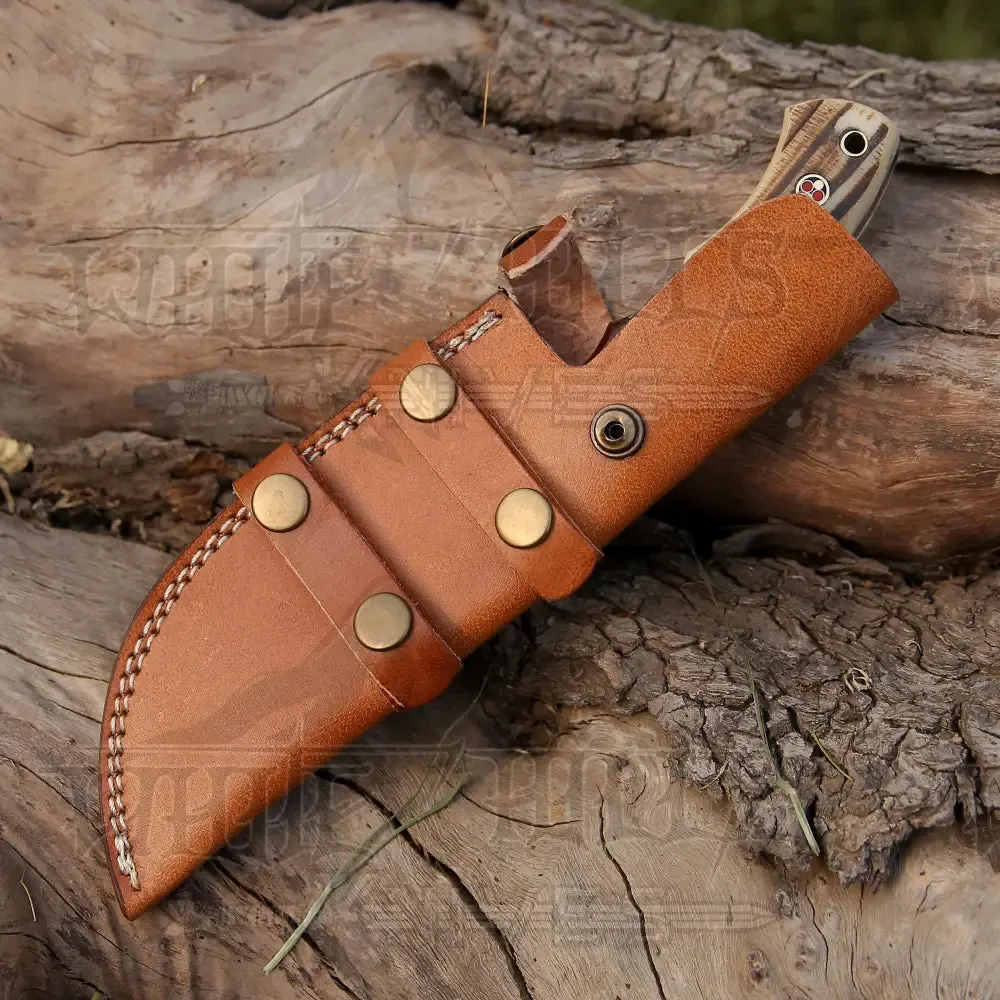 HANDMADE FORGED DAMASCUS BUSHCRAFT TRACKER KNIFE FULL TANG - Stag Antler & Wood Handle
