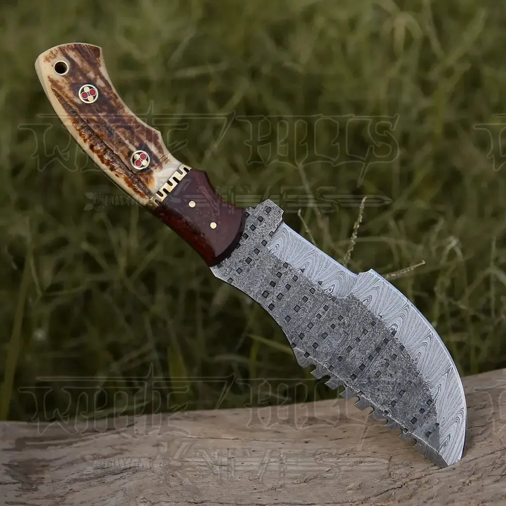 HANDMADE FORGED DAMASCUS BUSHCRAFT TRACKER KNIFE FULL TANG - Stag Antler & Wood Handle
