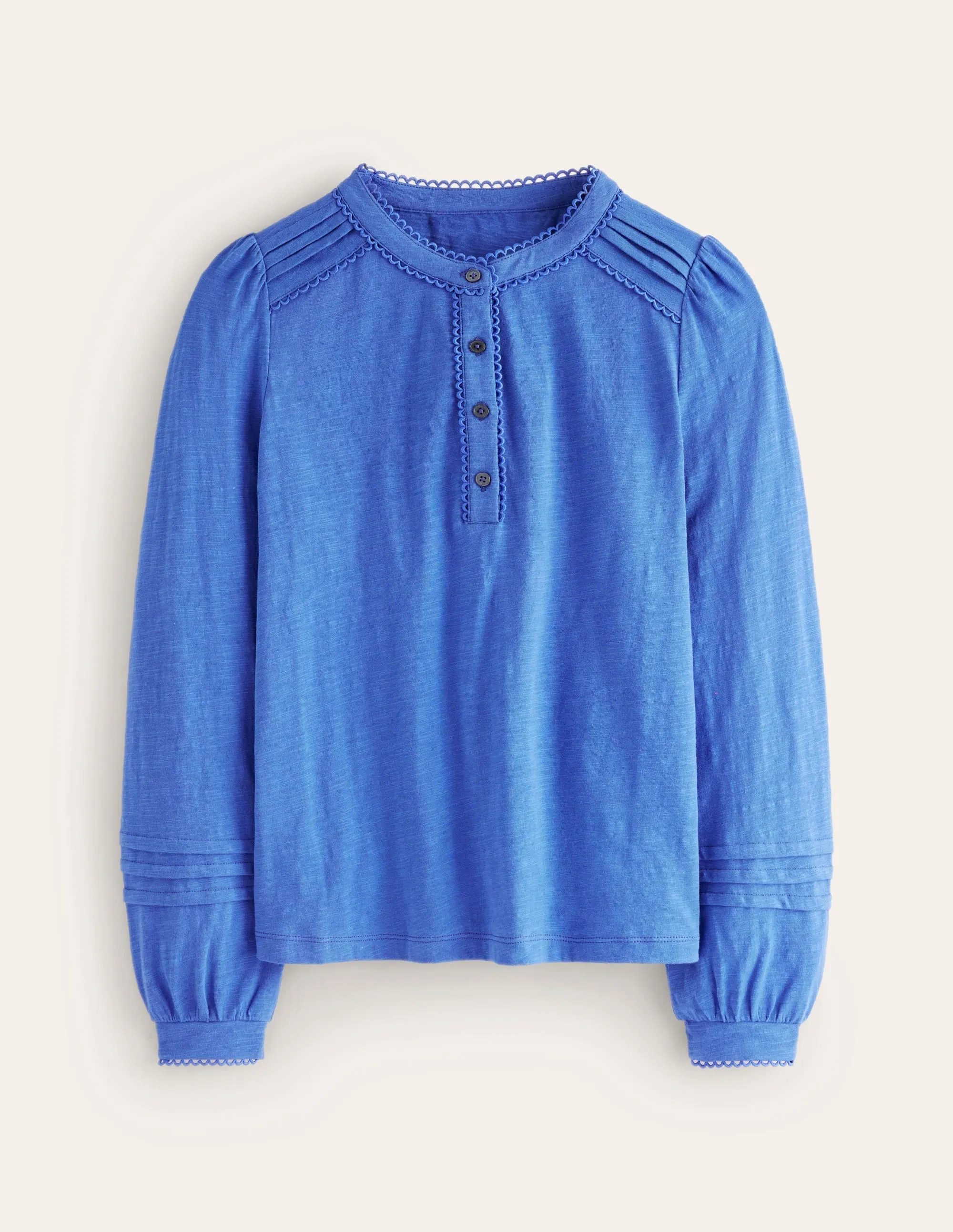 Henrietta Pintuck Henley Top-Blue Jay