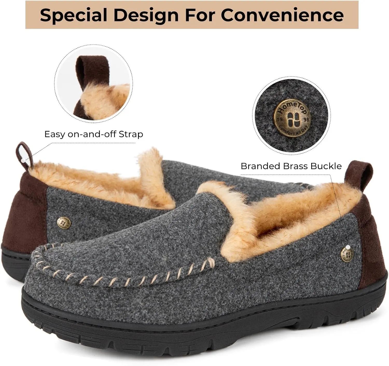 HomeTop Men's Memory Foam Moccasin Slippers, Indoor and Outdoor Warm Fuzzy Fleece House Shoes