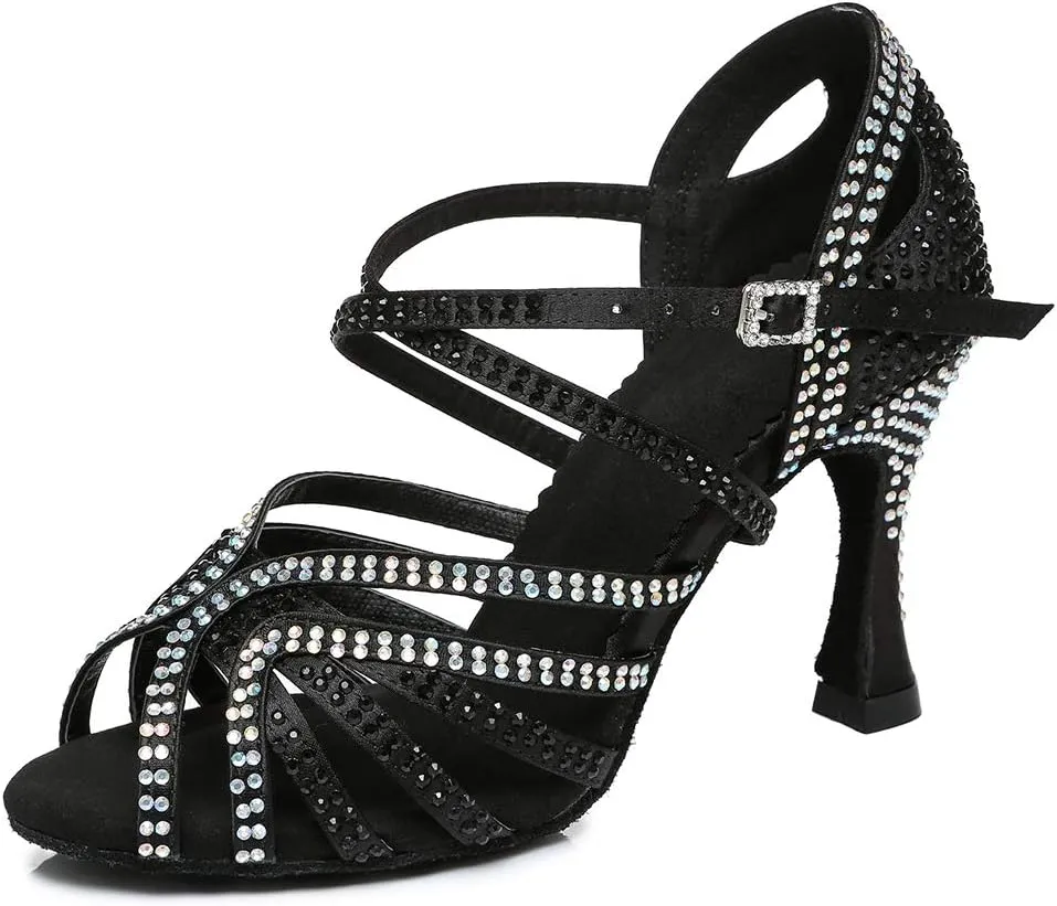 HROYL Women's Rhinestone Ballroom Dance Shoes Latin Salsa Performance Wedding Party Dance Heels,YCL450