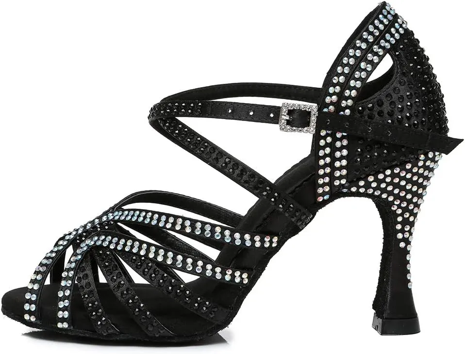HROYL Women's Rhinestone Ballroom Dance Shoes Latin Salsa Performance Wedding Party Dance Heels,YCL450