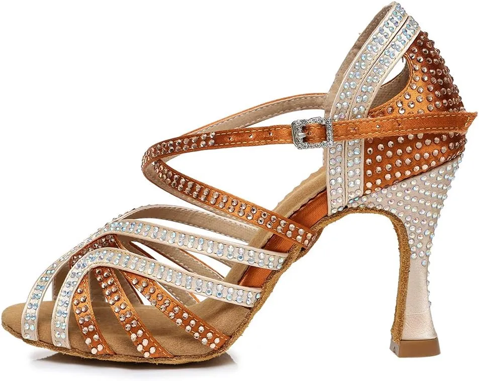 HROYL Women's Rhinestone Ballroom Dance Shoes Latin Salsa Performance Wedding Party Dance Heels,YCL450