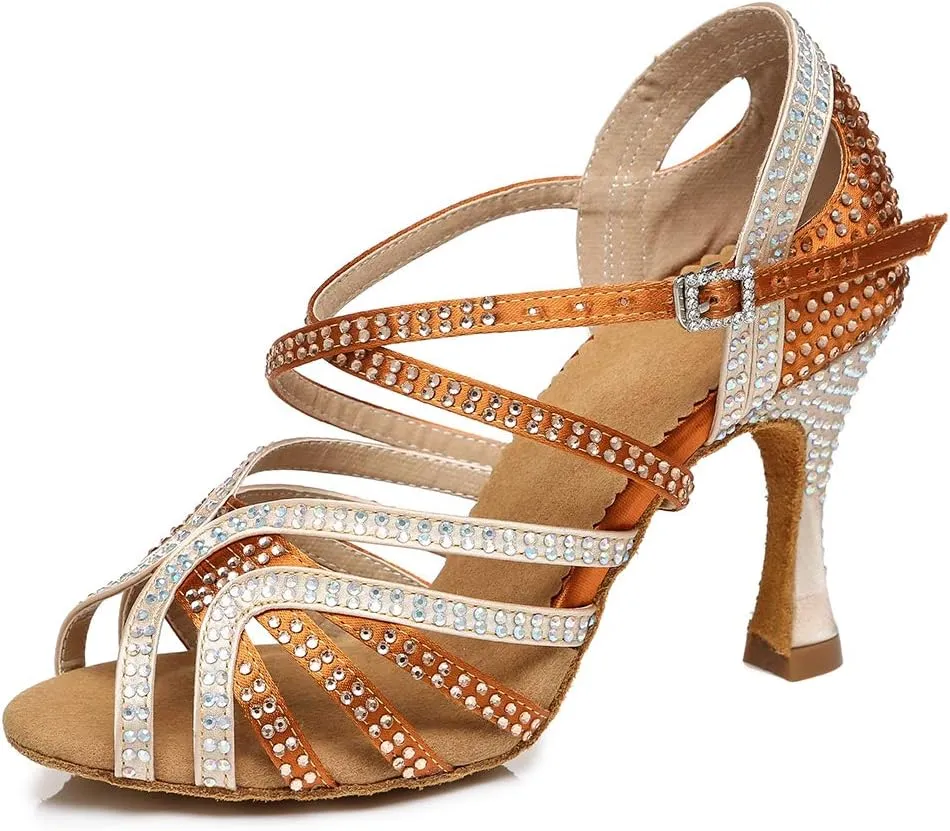 HROYL Women's Rhinestone Ballroom Dance Shoes Latin Salsa Performance Wedding Party Dance Heels,YCL450