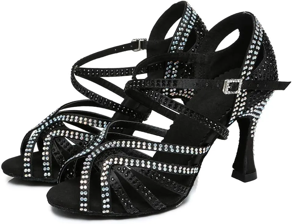 HROYL Women's Rhinestone Ballroom Dance Shoes Latin Salsa Performance Wedding Party Dance Heels,YCL450