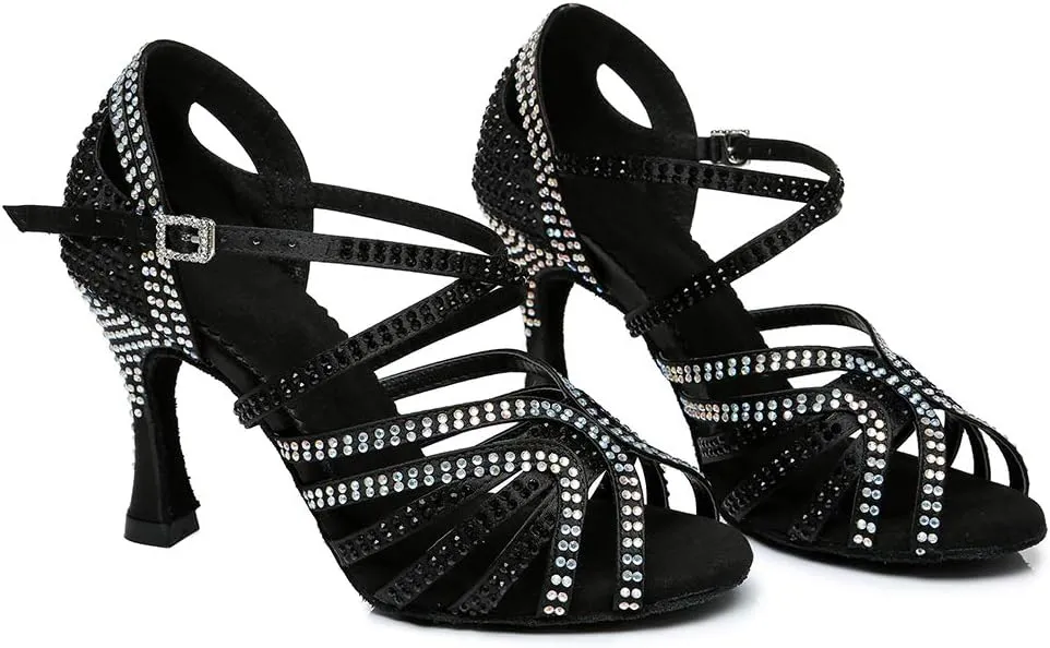 HROYL Women's Rhinestone Ballroom Dance Shoes Latin Salsa Performance Wedding Party Dance Heels,YCL450