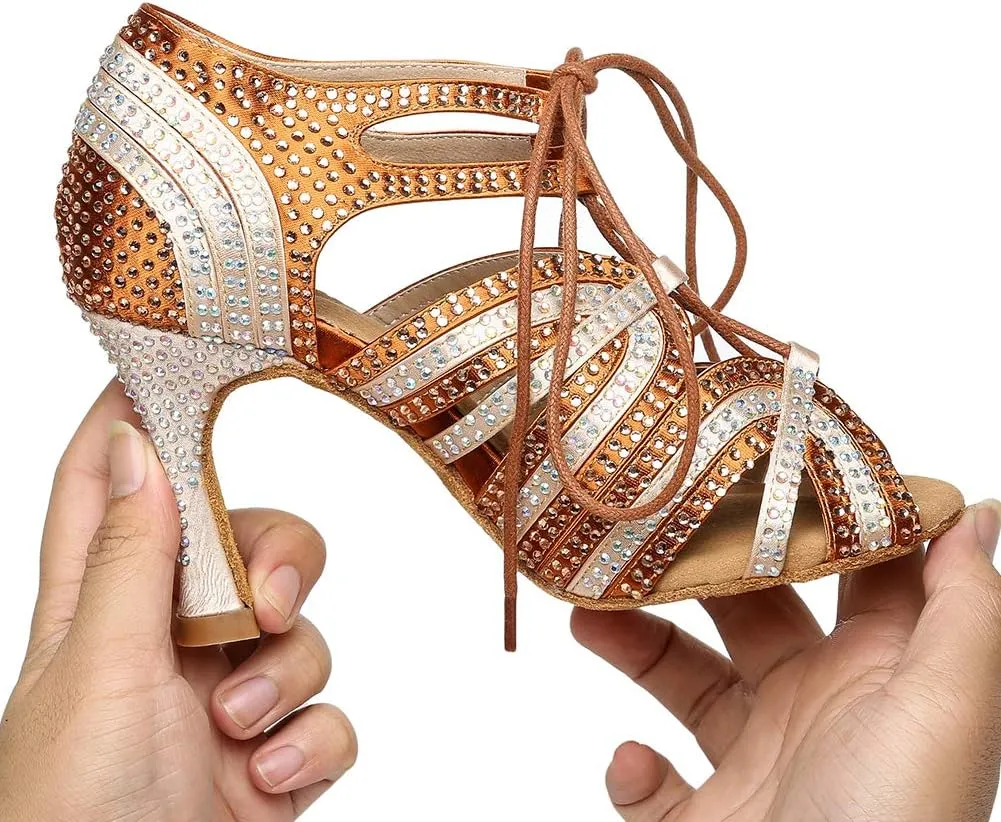 HROYL Women's Rhinestone Dance Shoes Latin Salsa Ballroom Performance Wedding Party Dance Heels,YCL453