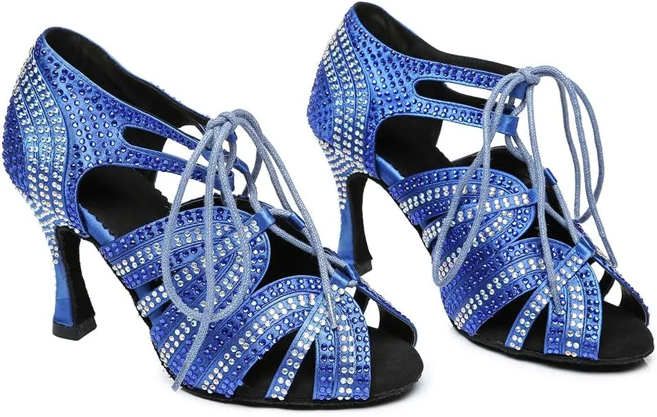 HROYL Women's Rhinestone Dance Shoes Latin Salsa Ballroom Performance Wedding Party Dance Heels,YCL453