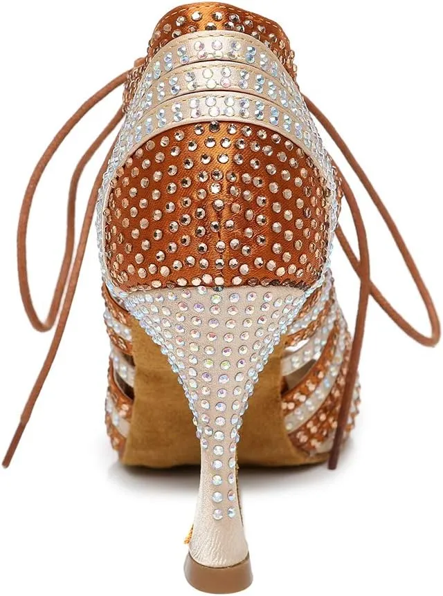 HROYL Women's Rhinestone Dance Shoes Latin Salsa Ballroom Performance Wedding Party Dance Heels,YCL453